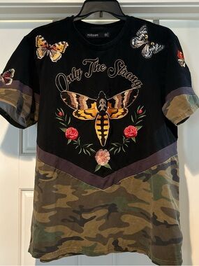 Hudson Jeans Black Tee with Camo & Embroidered Death’s Head Moth